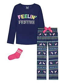 Big Girls 3 Piece Holiday Top, Pajama and Socks Set