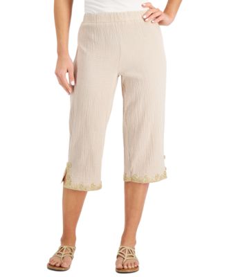 JM Collection - Petite Cotton Gauze Soutache-Trim Capri Pants