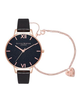 Olivia Burton - Women's Glitter Black Leather Strap Watch Gift Set 38mm