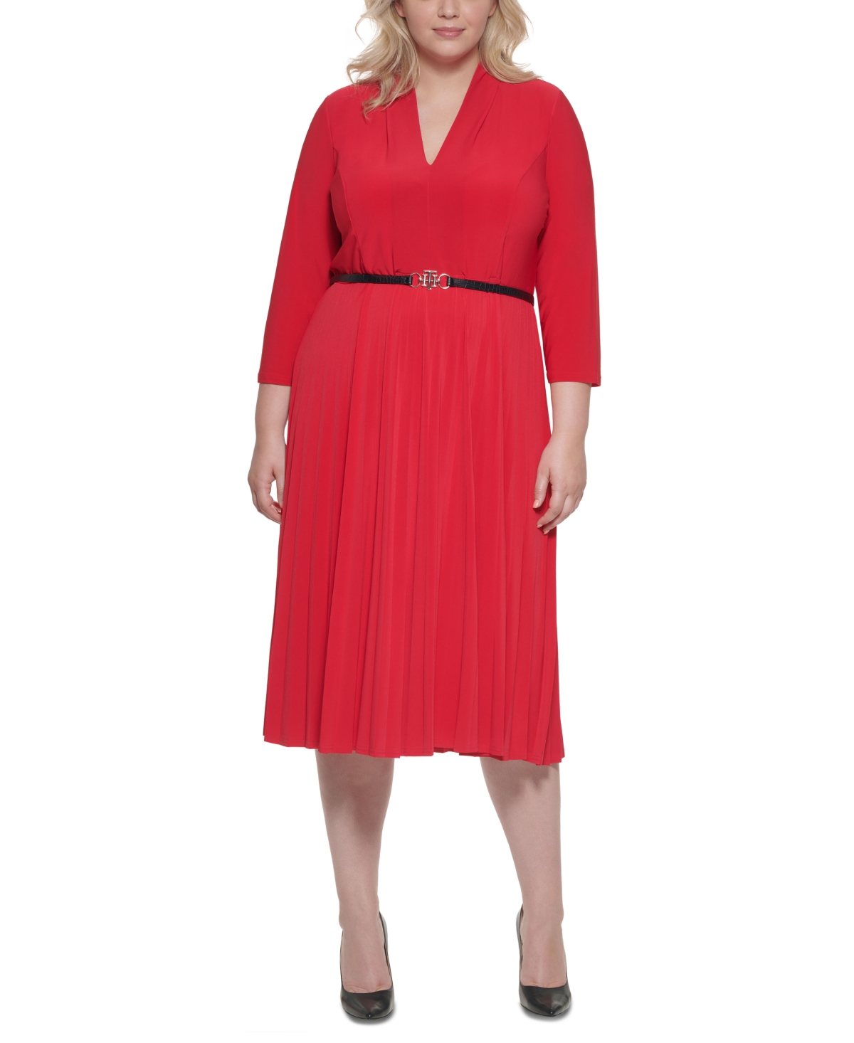 Tommy Hilfiger Plus Size Belted Pleated-skirt Dress In Scarlet