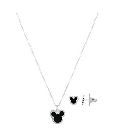 Disney Fine Silver Plated Crystal Black Enamel Mickey Head Pendant Necklace and Earrings Set, 2 Piece