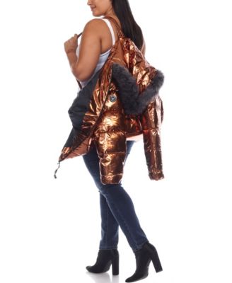Plus Size Metallic Puffer Coat with Hoodie