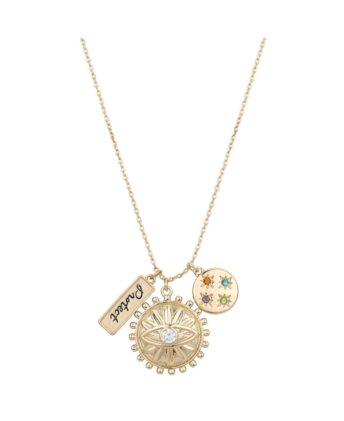 Multi Crystal Protect Charm Pendant Necklace - Gold