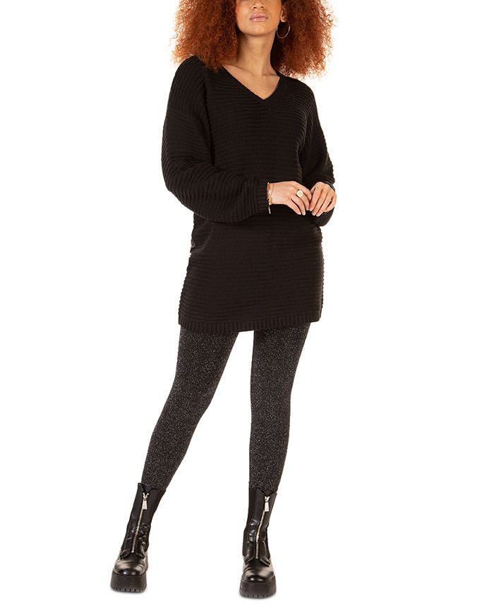 Black Tape - V-Neck Mini Sweater Dress