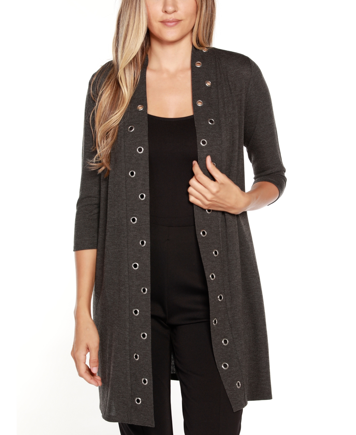 Shop Belldini Grommet-trim Open-front Cardigan In Heather Charcoal,silver