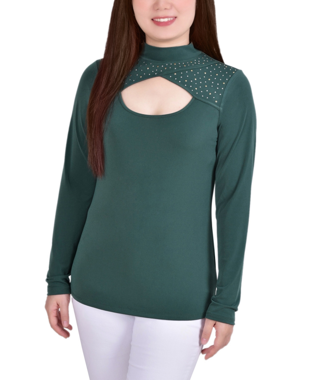 Petite Long Sleeve Studded Mock Neck Top - Dark Green