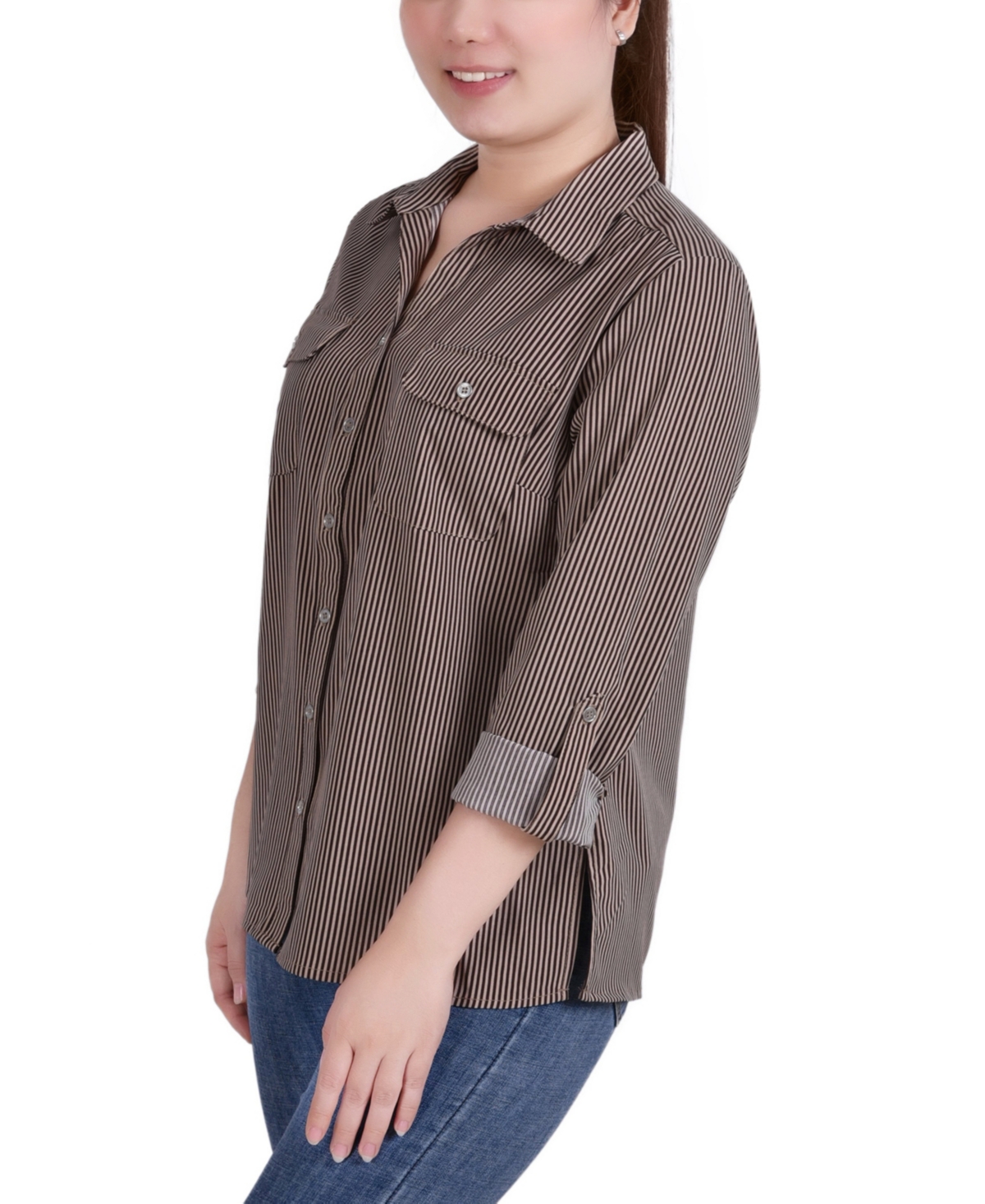 Petite 3/4 Sleeve Roll Tab Notch Collar Blouse - Doeskin Torterella