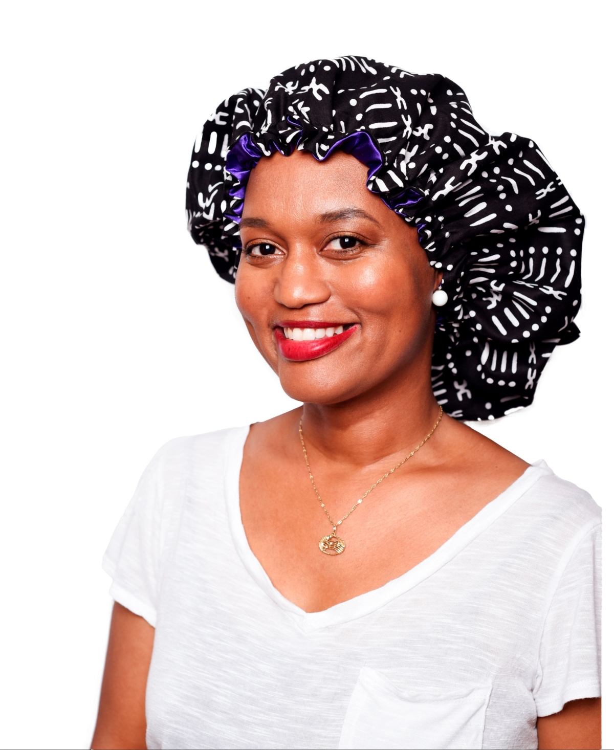Constant Covering Tribal Mud-cloth Sleeping Bonnet In Black And White,purple Satin