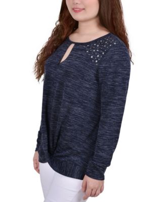 Petite Long Sleeve Knit Keyhole Top