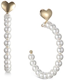 Gold-Tone Heart Stud & Imitation Pearl Drop C-Hoop Earrings, Created for Macy's