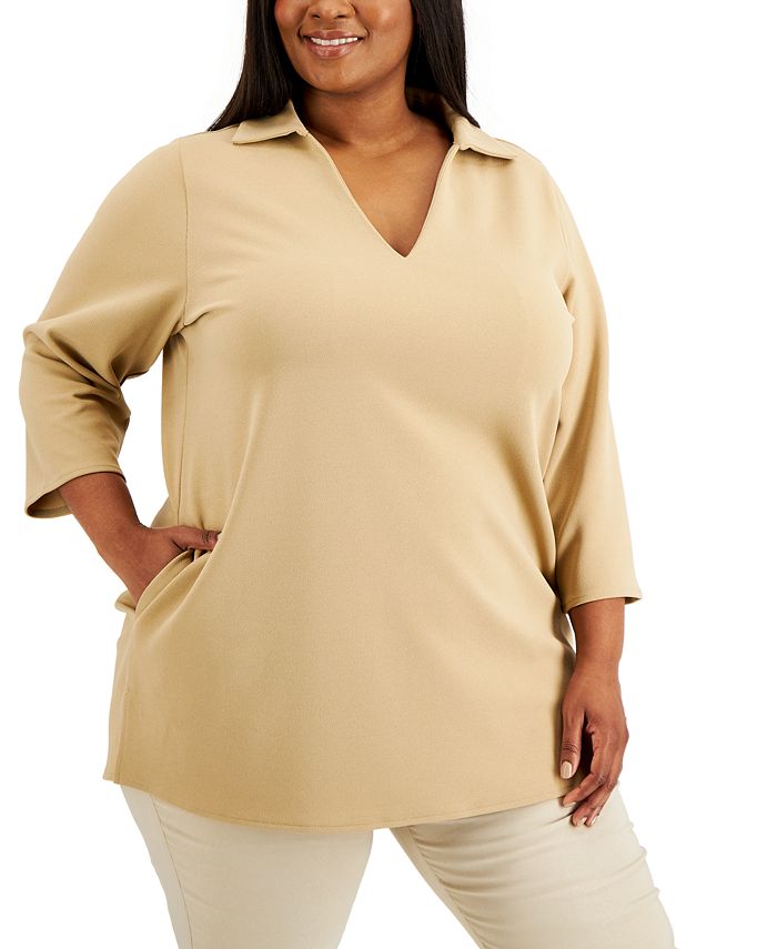 Alfani Plus Size 3/4-Sleeve Collared Tunic Top, Created for Macy's - Macy's