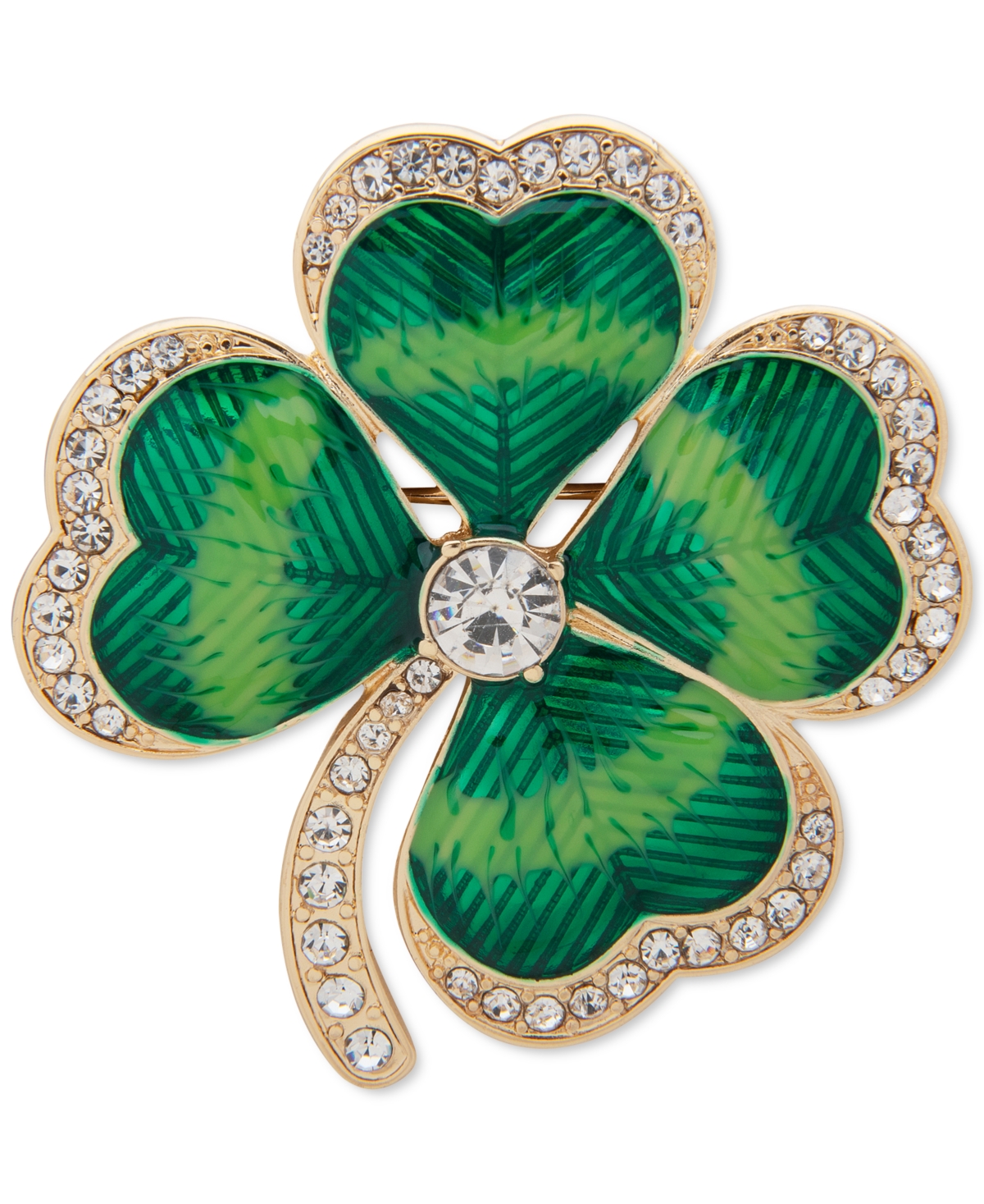 Gold-Tone Crystal 4-Leaf Clover Pin - Green