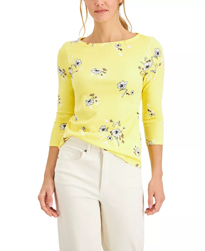 Charter Club Pima Cotton Floral-Print Boat-Neck Top, Created for Macy's