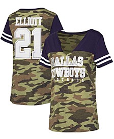 Women's Ezekiel Elliott Camo, Navy Simone Name and Number V-Neck Tri-Blend T-shirt