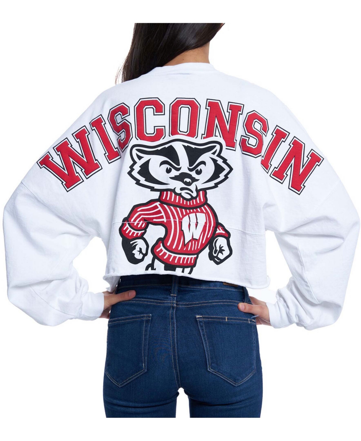Women'sWisconsin Badgers Raw Hem Cropped Long Sleeve T-shirt - White