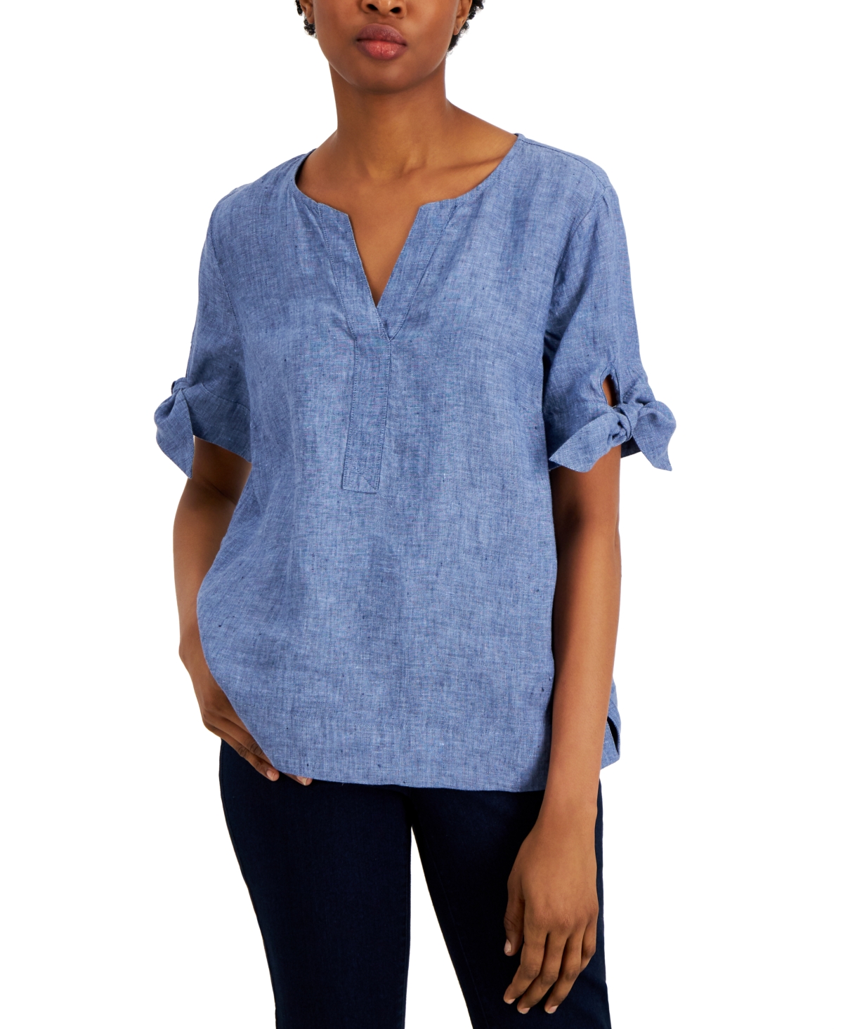Charter Club Women's Linen Split-Neck Tie-Cuff Top, Created for Macy's