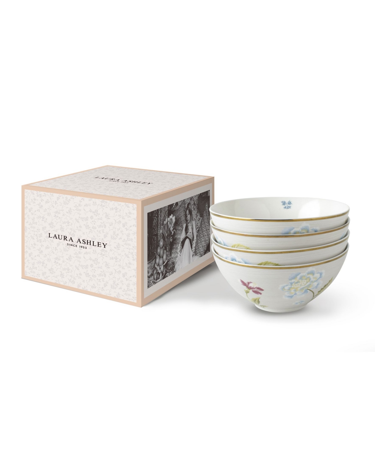 Closeout! Laura Ashley Heritage Collectables Cobblestone Pinstripe Bowls in Gift Box, Set of - White with Beige