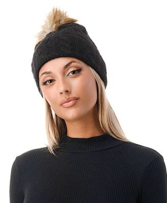 Women's Cable Knit Faux Fur Pom Beanie