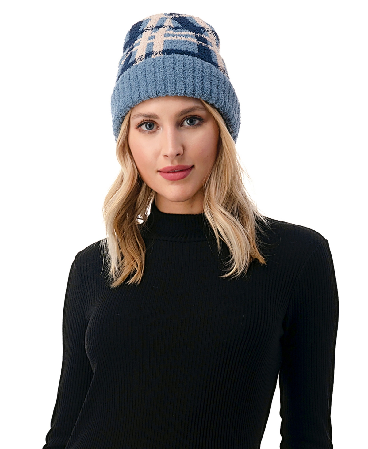 Marcus Adler Women's Cozy Plaid Beanie With Cuff Detail In Blue