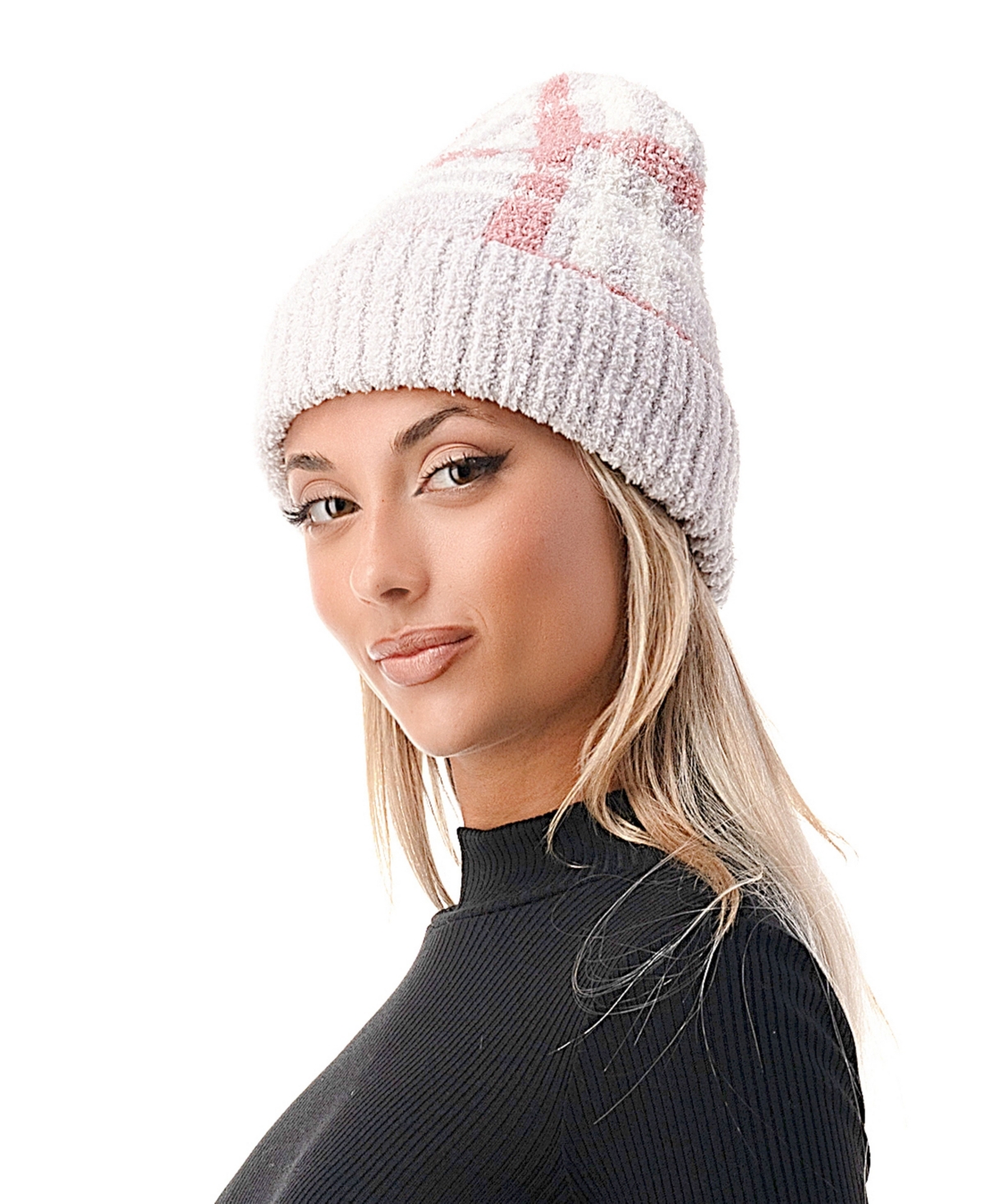 Marcus Adler Women's Cozy Plaid Beanie With Cuff Detail In Blush