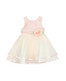 Baby Girls Embroidered Dress with Double Ribbon Hem