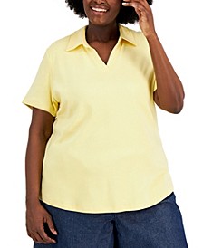 Plus Size Cotton Johnny-Collar Top, Created for Macy's