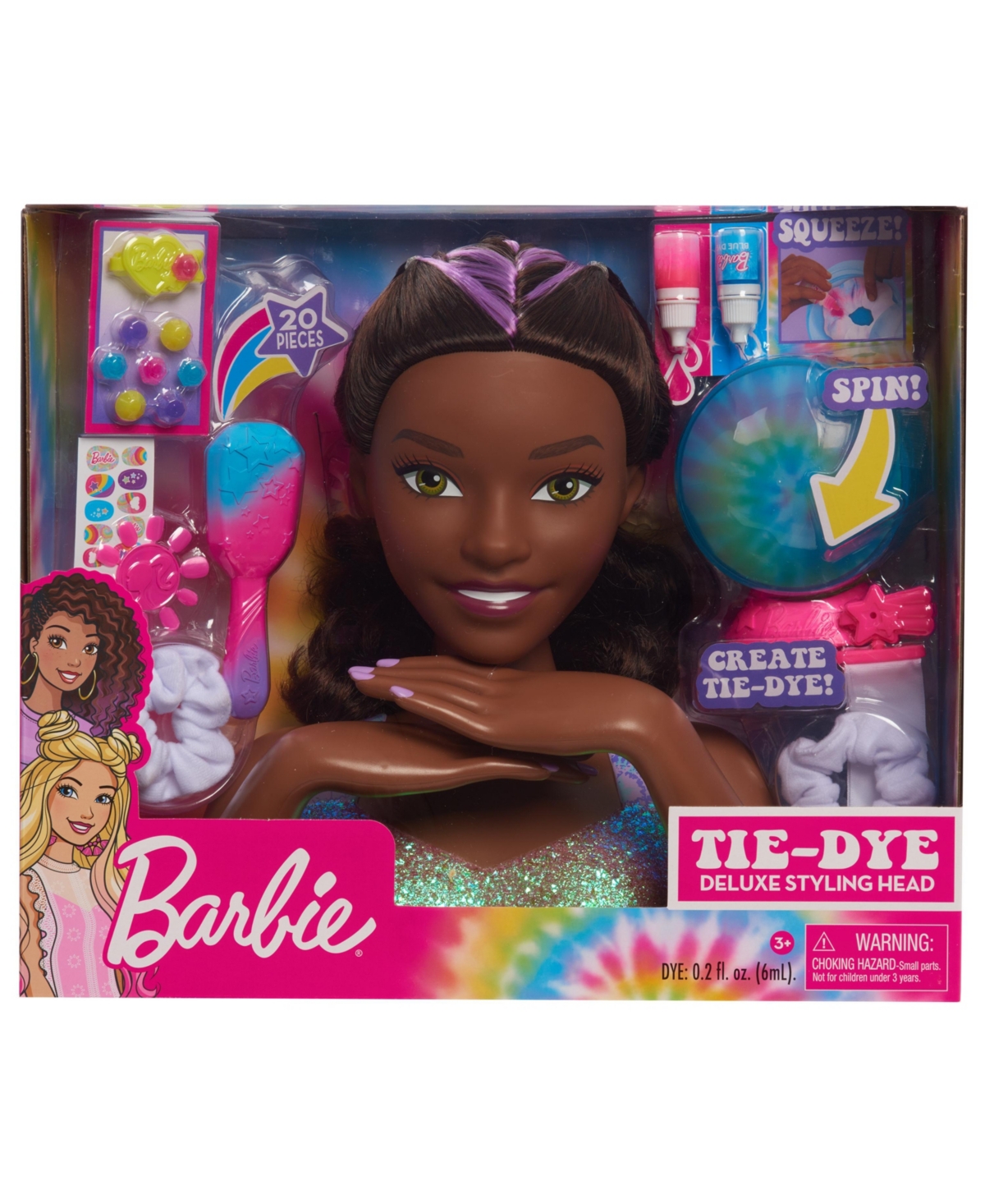 Barbie Tie-dye Deluxe Styling Head, Dark Brown Hair, Includes 2 Non-toxic Dye Colors In Pink