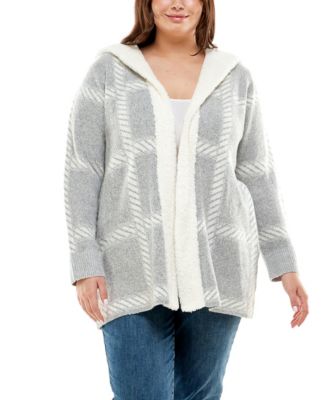 Adrienne Vittadini Plus Size Sherpa Hooded Plaid Jacquard Coatigan