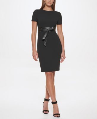 Calvin Klein Solid Faux-Leather Tie-Waist Sheath Dress - Macy's