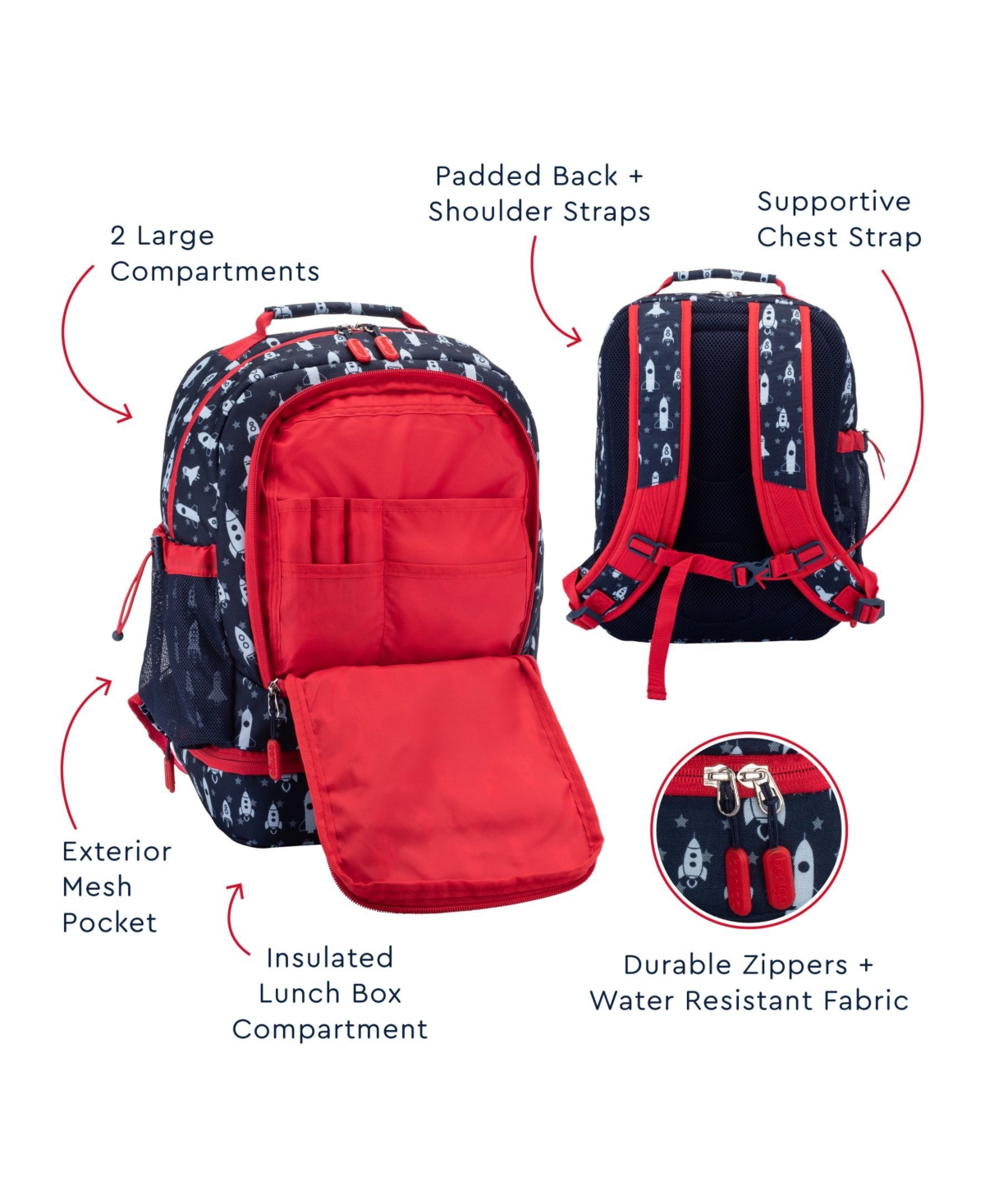 Bentgo Kids Prints 2-In-1 Backpack and Insulated Lunch Bag - Rocket - Blue and red
