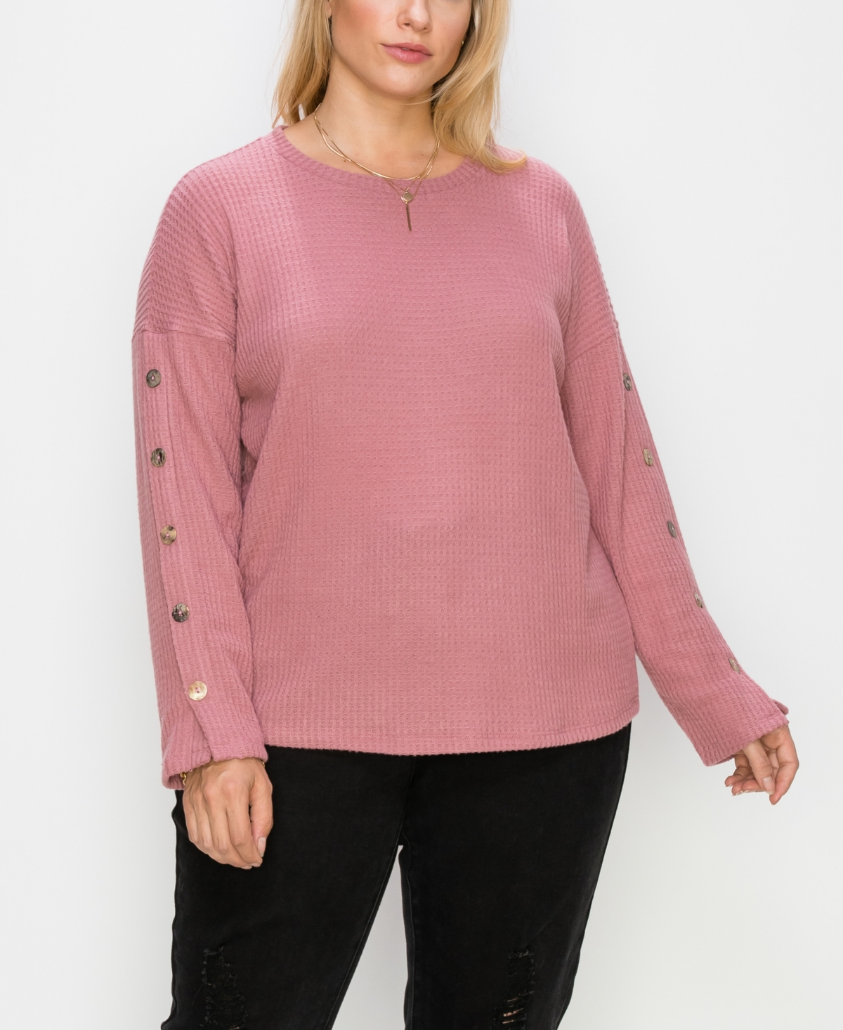 Plus Size Brushed Waffle Crew Button Long Sleeve Top - Mauve
