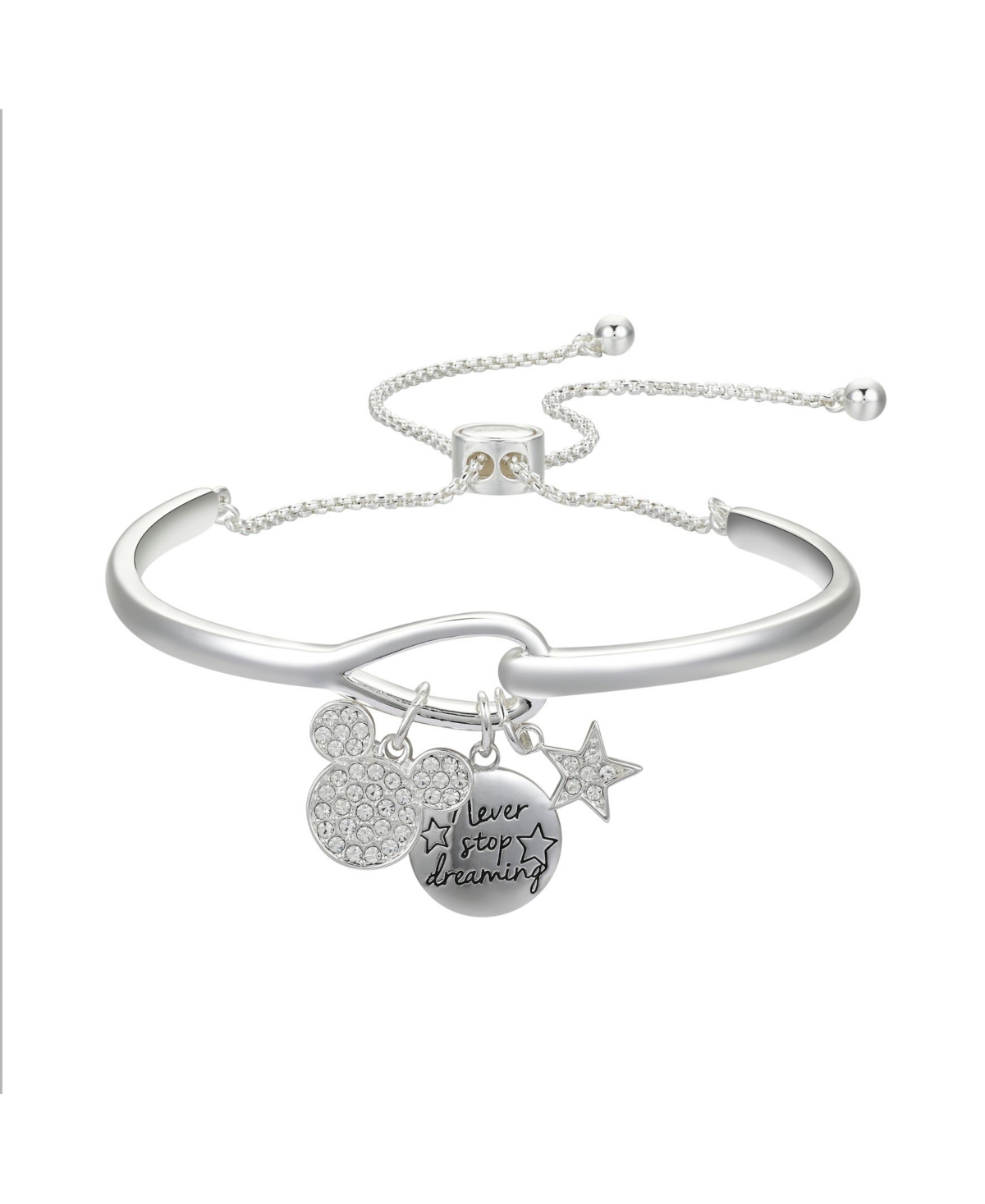 Fine Silver Plated Crystal Mickey Mouse "Never Stop Dreaming" Adjustable Cuff Bracelet - Silver