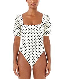 Polka-Dot Puffed-Sleeve One-Piece Swimsuit