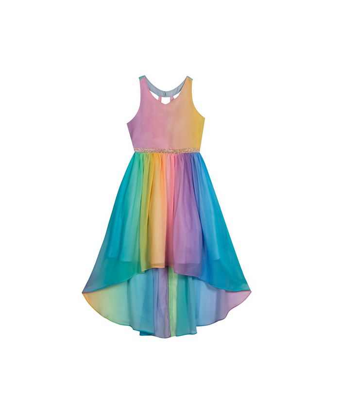 Rare Editions Big Girls Rainbow Chiffon Hi Low Dress with Trim