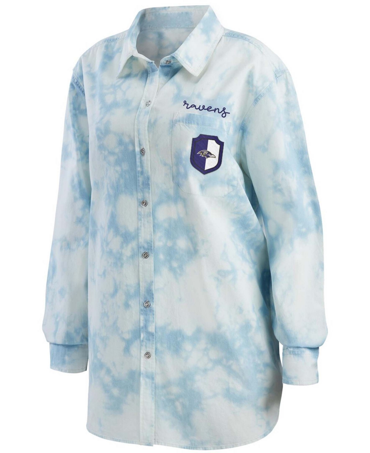 Wear by Erin Andrews Women's Denim Baltimore Ravens Chambray Acid-Washed Long Sleeve Button-Up Shirt - Denim