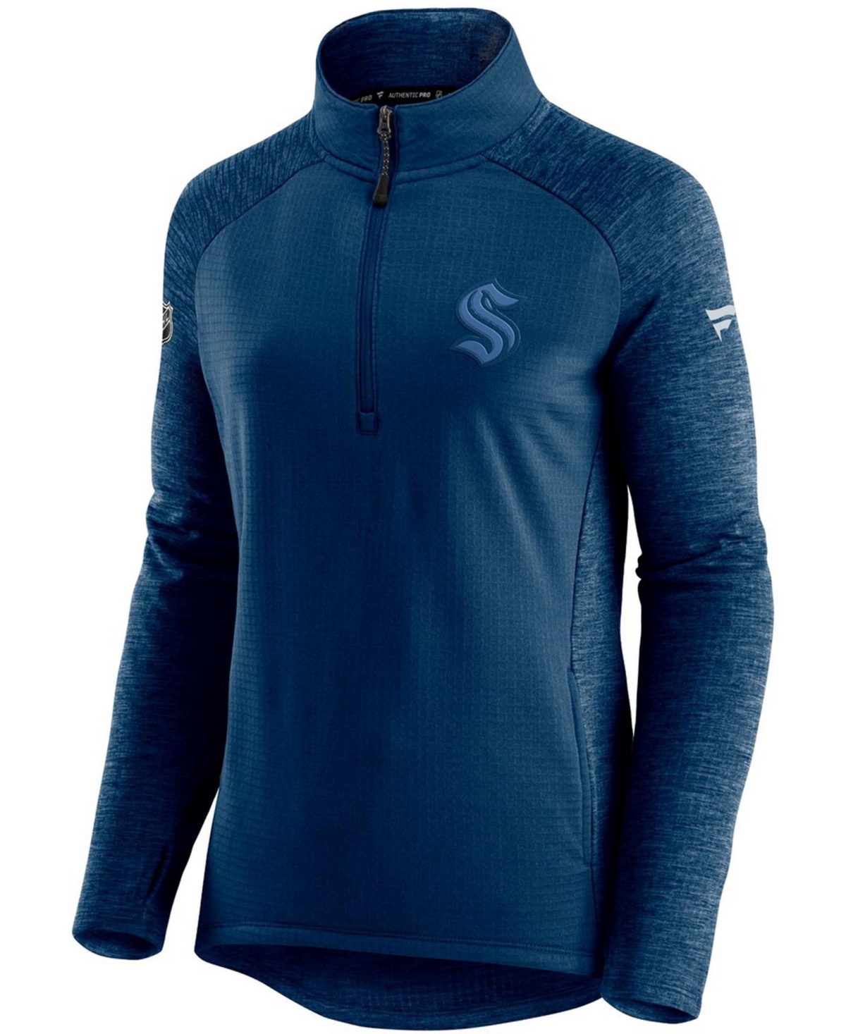 Fanatics Women's Navy And Heathered Navy Seattle Kraken Authentic Pro Travel And Training Raglan Quarter-zip In Navy,heathered Navy