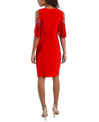 MSK - Embellished-Sleeve Cold-Shoulder Sheath Dress