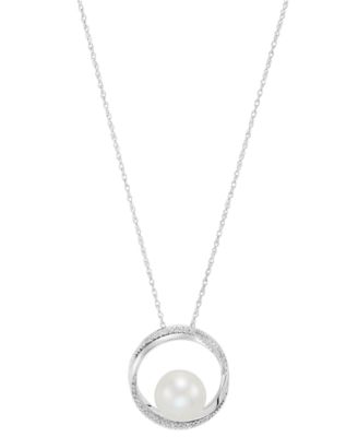Honora - Cultured Freshwater Pearl (9mm) & Diamond (1/10 ct. t.w.) Circle 18" Pendant Necklace in 14k White Gold