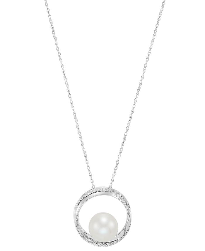 Honora - Cultured Freshwater Pearl (9mm) & Diamond (1/10 ct. t.w.) Circle 18" Pendant Necklace in 14k White Gold