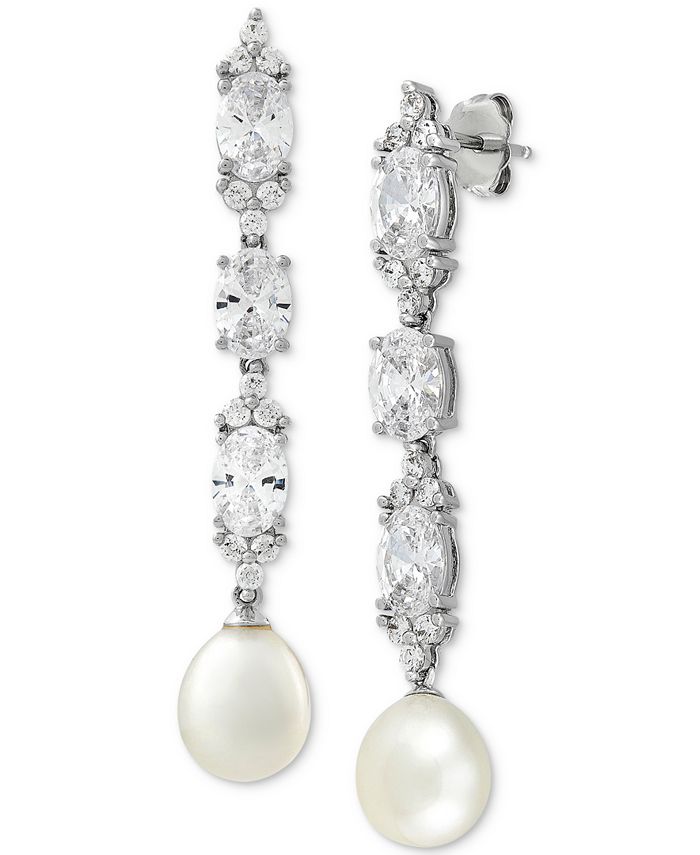 Macy's - Cultured Freshwater Pearl (8-1/2mm) & Cubic Zirconia Linear Drop Earrings in Sterling Silver