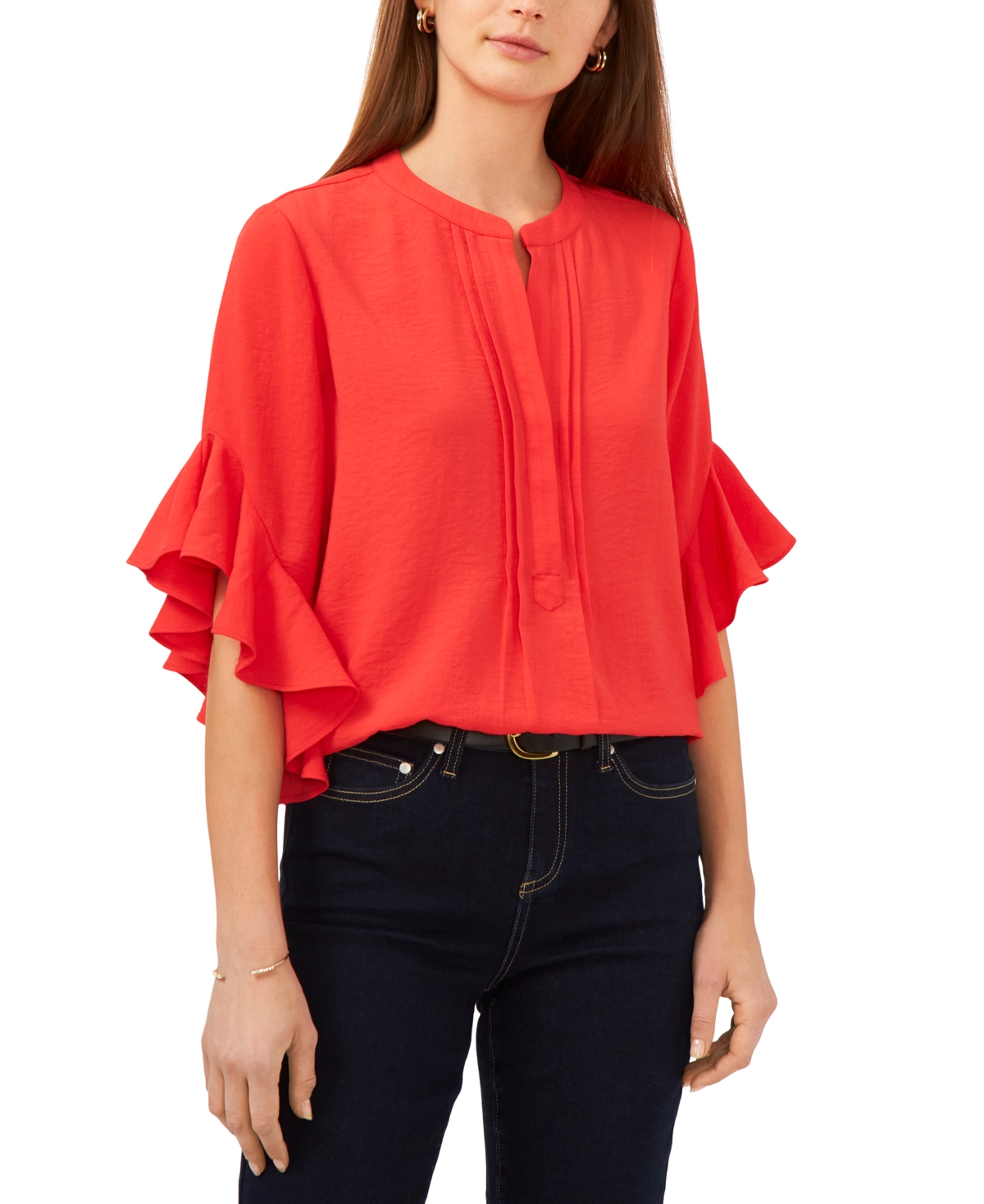 Vince Camuto Plus Size Ruffle Sleeve Henley Blouse In Radient Red