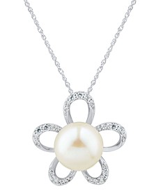 Cultured Freshwater Pearl (10mm) & White Topaz (3/8 ct. t.w.) Flower Pendant Necklace in Sterling Silver, 16" + 2" extender