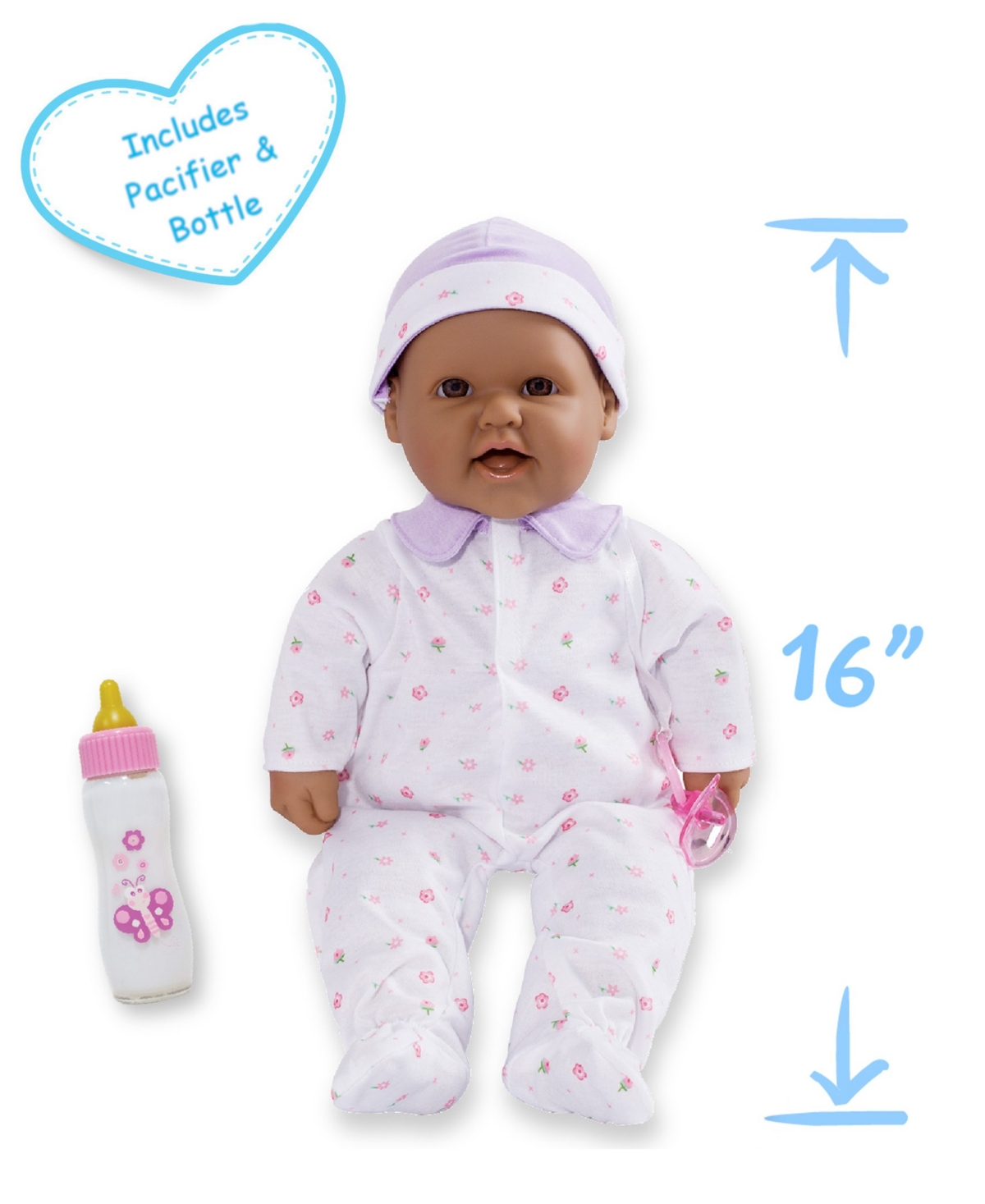 JC TOYS LA BABY HISPANIC 16" SOFT BODY BABY DOLL PURPLE OUTFIT 