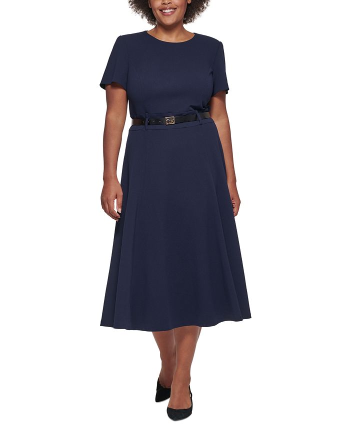 Calvin Klein Plus Size Belted A-Line Dress - Macy's