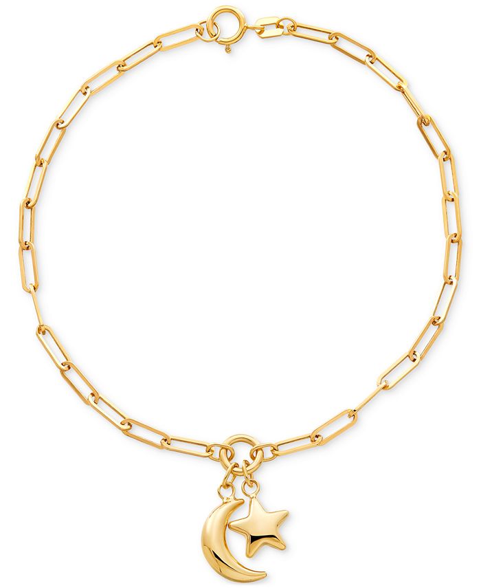 14K Yellow Gold Chain Ankle Bracelet with White Gold Diamond Flower and Star Charms