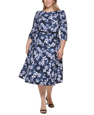Calvin Klein Plus Size Floral-Print Belted Midi Dress & Reviews ...