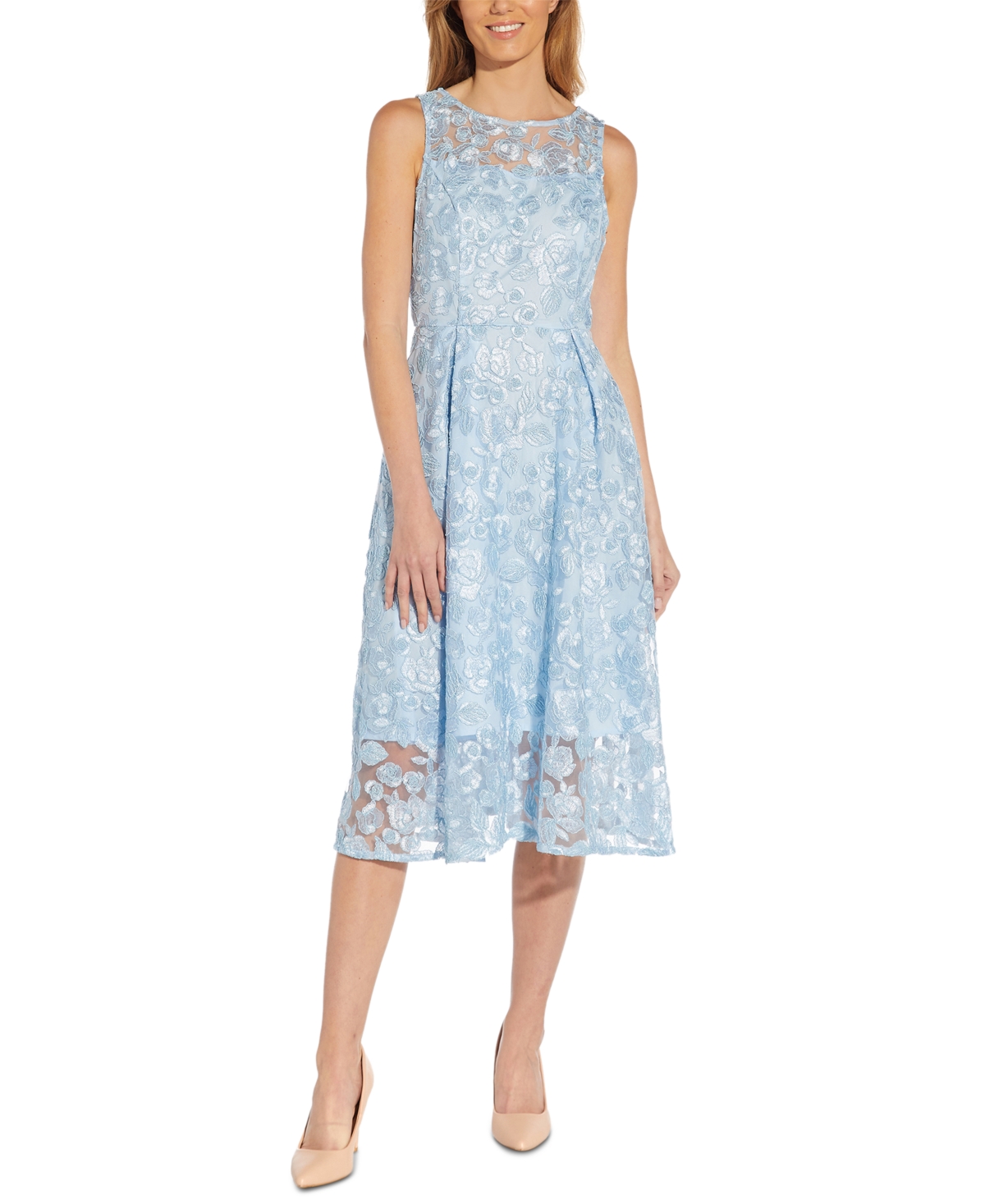 ADRIANNA PAPELL EMBROIDERED FIT & FLARE MIDI DRESS