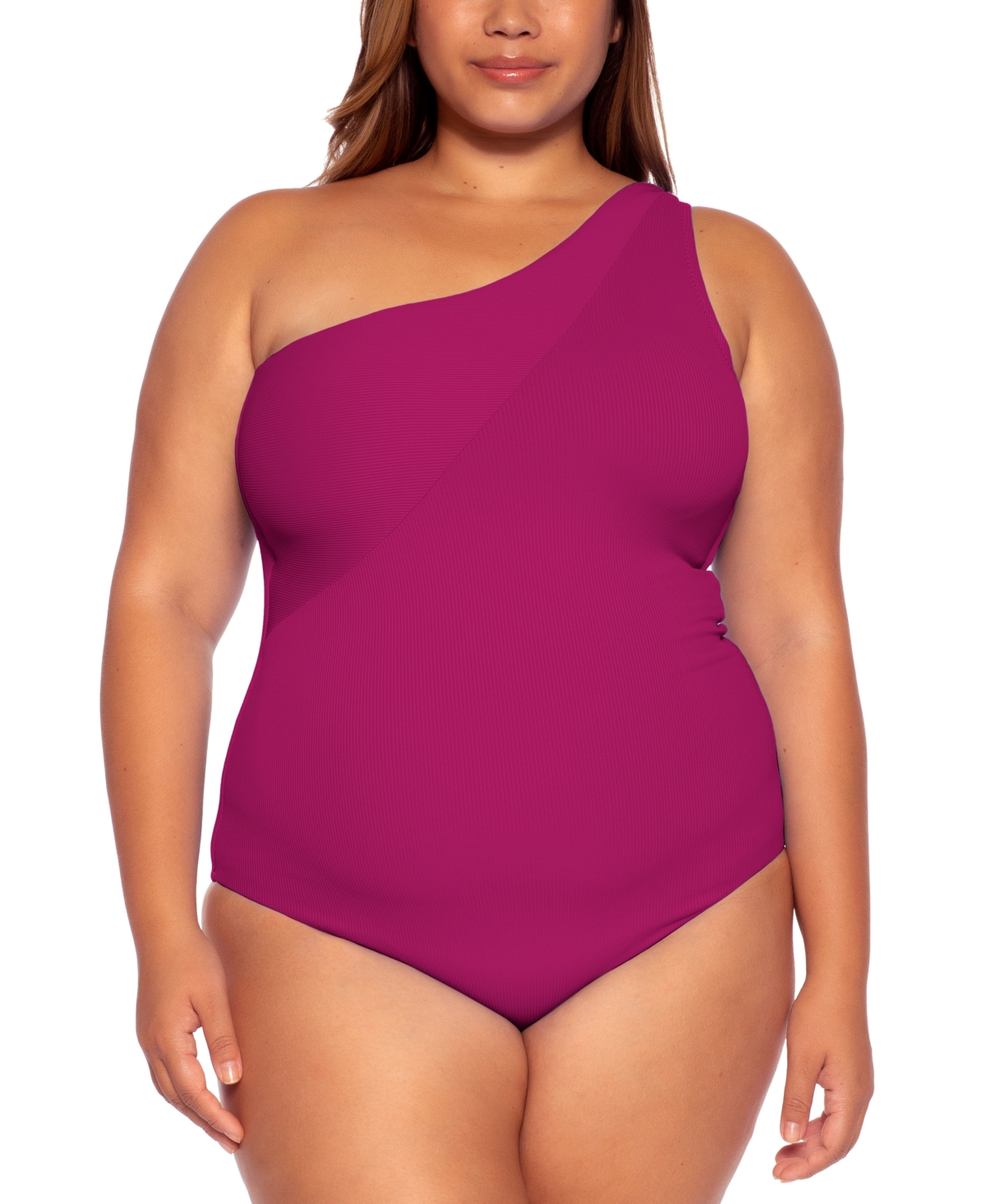 Becca Etc Plus Size Asymmetrical-neck Swimsuit Women's Swimsuit In Pomegranate