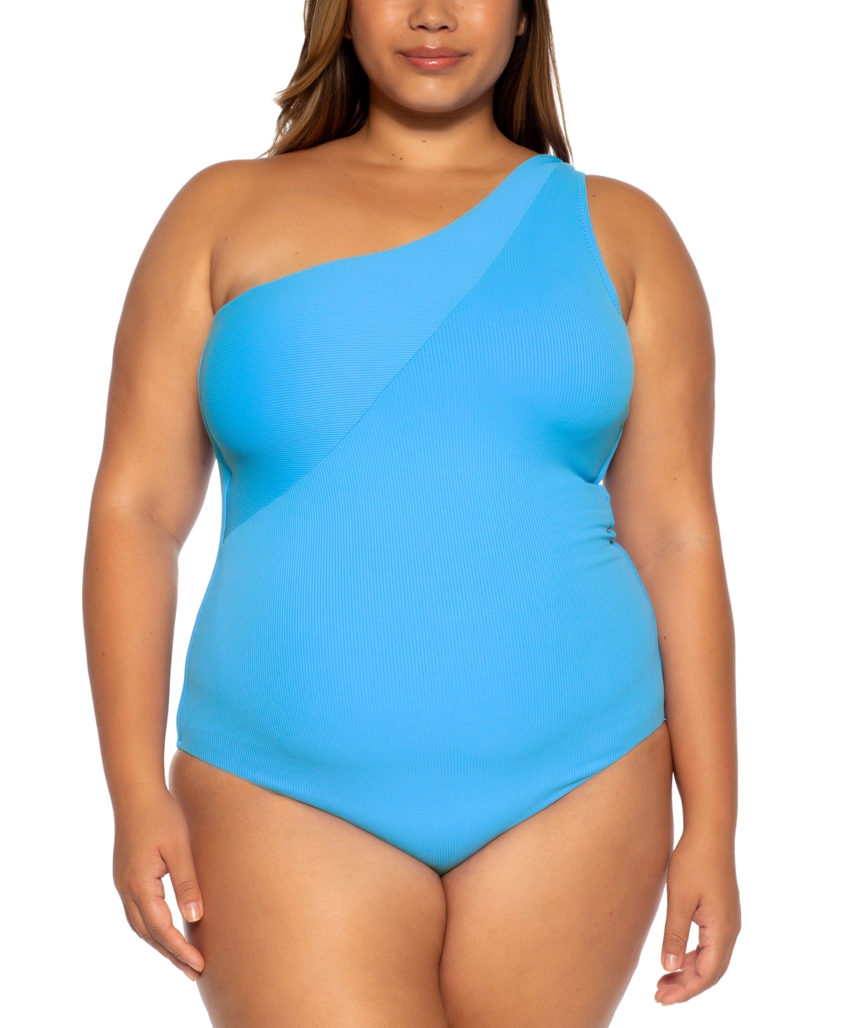 Becca Etc Plus Size Asymmetrical-neck Swimsuit Women's Swimsuit In Waterfall Blue