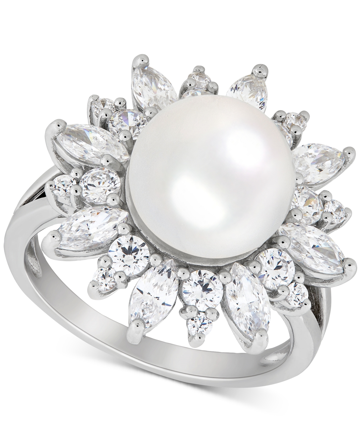 Cultured Freshwater Pearl (10mm) & Cubic Zirconia Flower Ring in Sterling Silver - Sterling Silver